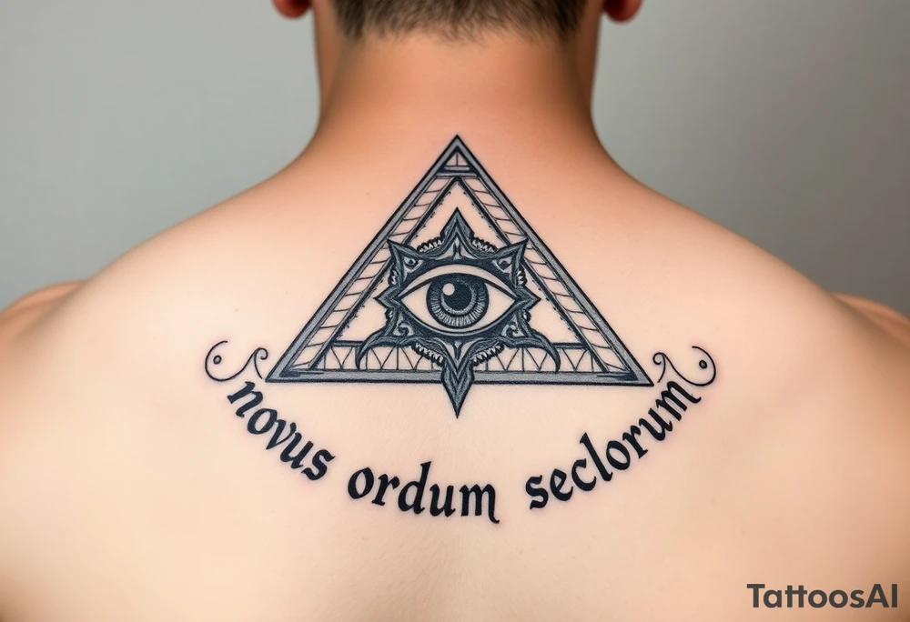 Pyramid with eye in the center, surrounded by words - novus ordum seclorum tattoo idea
