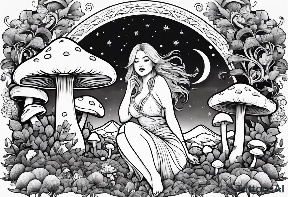 Blonde chubby Girl surrounded by mushrooms crescent moon mountain background tattoo idea
