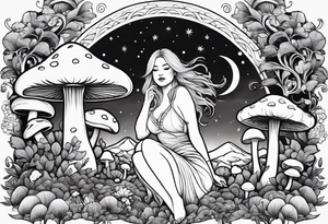 Blonde chubby Girl surrounded by mushrooms crescent moon mountain background tattoo idea