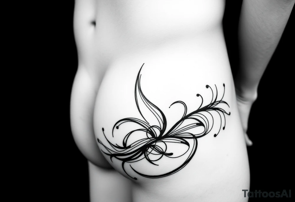 Cybersigilism tattoo design, ultra minimal, thin sharp black lines only, no fills, no solid blacks, no shading.
Abstract organic sigils and biomechanical curves, flowing asymmetrical linework.
Design wraps the entire lateral body: starting from the side of the lower abdomen at navel height, flowing over the hip and outer glute, then extending down to mid quadriceps.
Elegant negative space, breathable composition, high contrast skin-to-ink.
Tribal–futuristic aesthetic, alien calligraphy, cyber rune style.
Tattoo stencil look, clean vector linework, high precision, body-flow oriented, anatomical curvature aware.
No mandalas, no symmetry, no heavy textures, no realism. tattoo idea