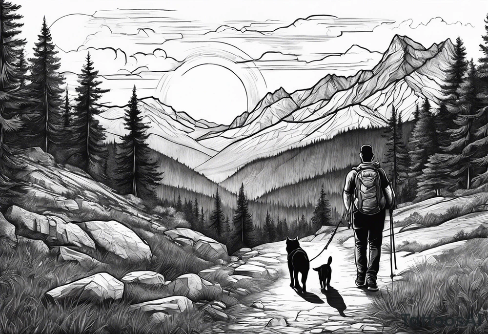 nature, sunset, mountains, a father and son hiking with their dog and cat and a cross tattoo idea