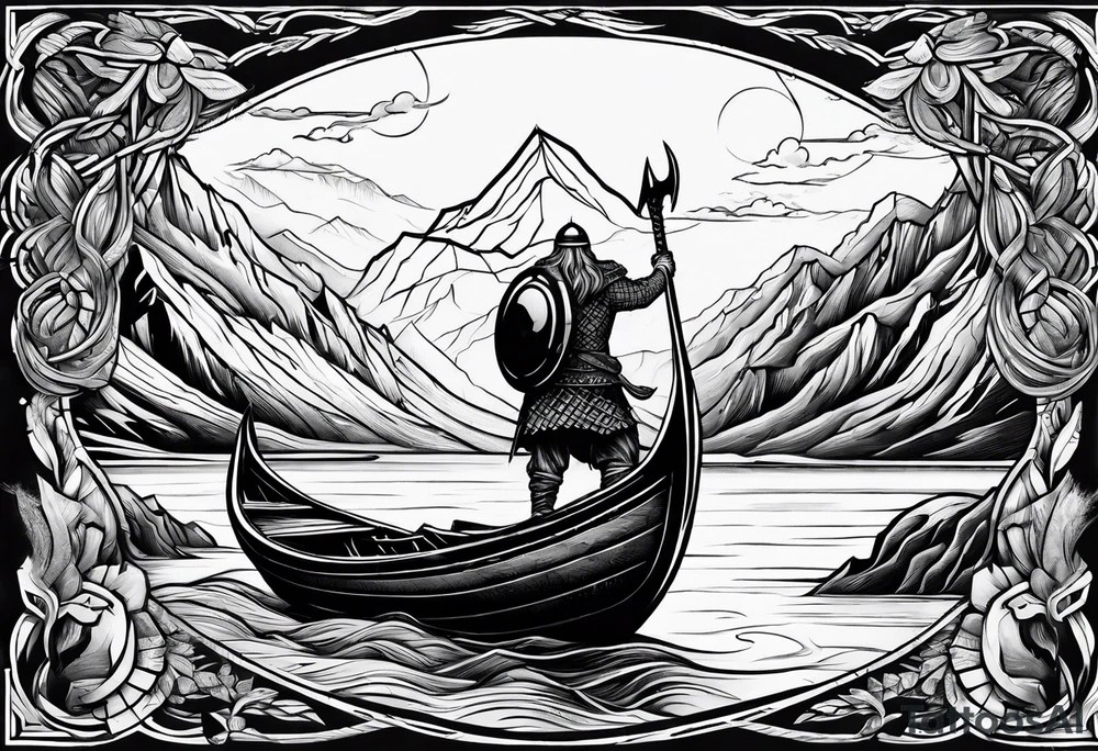 Viking in a boat flying above mountains tattoo idea