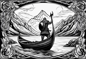 Viking in a boat flying above mountains tattoo idea