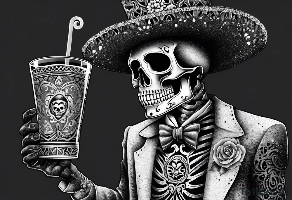 Mexico day of dead  man standing
 skeleton drink horizontal tattoo idea