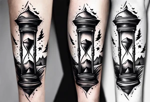 Long tattoo to fit on the forearm, masculine, minimalist, 3 tier hourglass, mountain on top, explosion in middle, mature on bottom tattoo idea