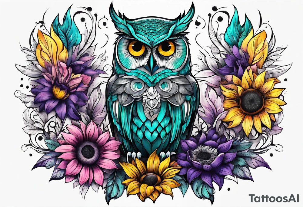 Teal, pink and purple owl and yellow sunflowers sleeve tattoo idea