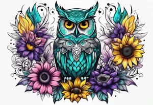 Teal, pink and purple owl and yellow sunflowers sleeve tattoo idea