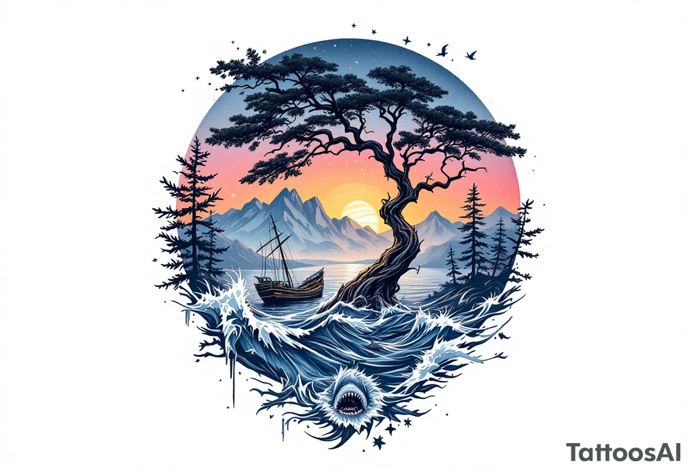 tattoo that has an acacia tree with mountains, ocean with a ship wreck with sharks and the northern star tattoo idea