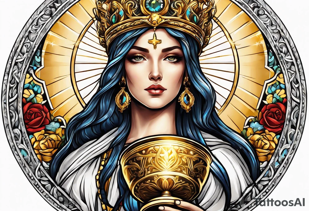 woman saint holding chalice surrounded by golden halo sideways tattoo idea