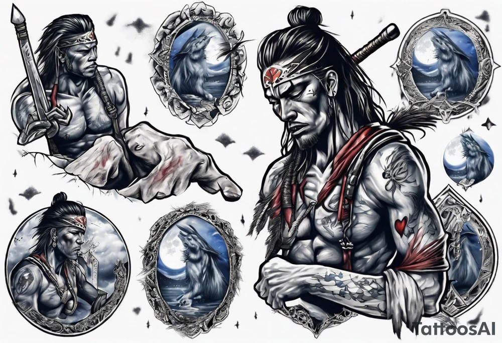 heartbroken, tired, warrior seeking peace after fighting for decades under the moonlight tattoo idea