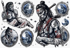 heartbroken, tired, warrior seeking peace after fighting for decades under the moonlight tattoo idea