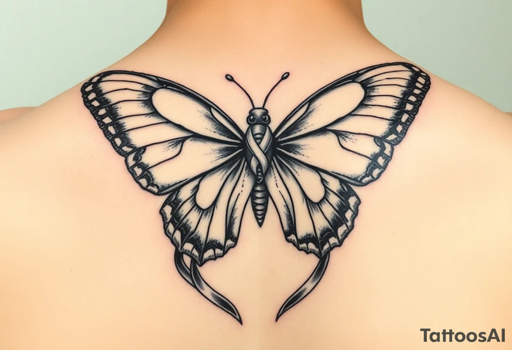 ethereal butterfly with flowing silk HIV-positive symbol ribbons in moonlight tattoo idea