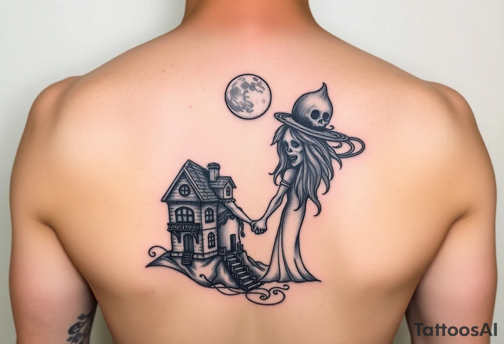 Haunted house 
Friends holding hands 
Ill love you to the moon and to saturn tattoo idea
