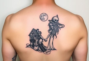 Haunted house 
Friends holding hands 
Ill love you to the moon and to saturn tattoo idea