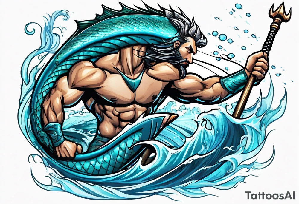 muscular
god 
posideon fighting a sport fish with a trident tattoo idea