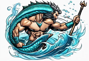 muscular
god 
posideon fighting a sport fish with a trident tattoo idea