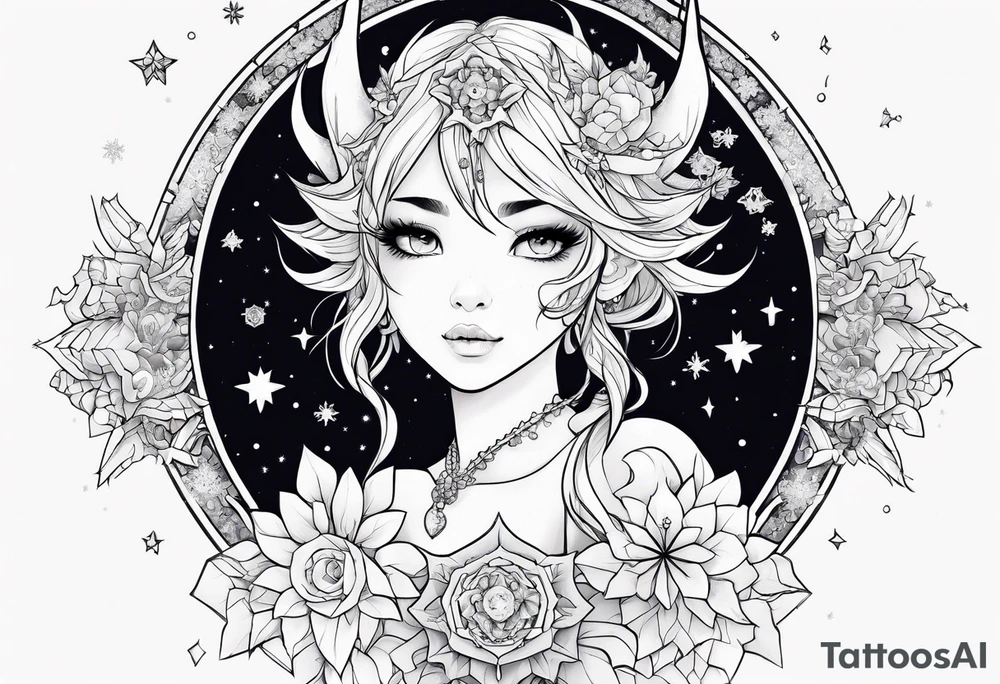 Constellation, kawaii dragon girl , snowflake tattoo idea