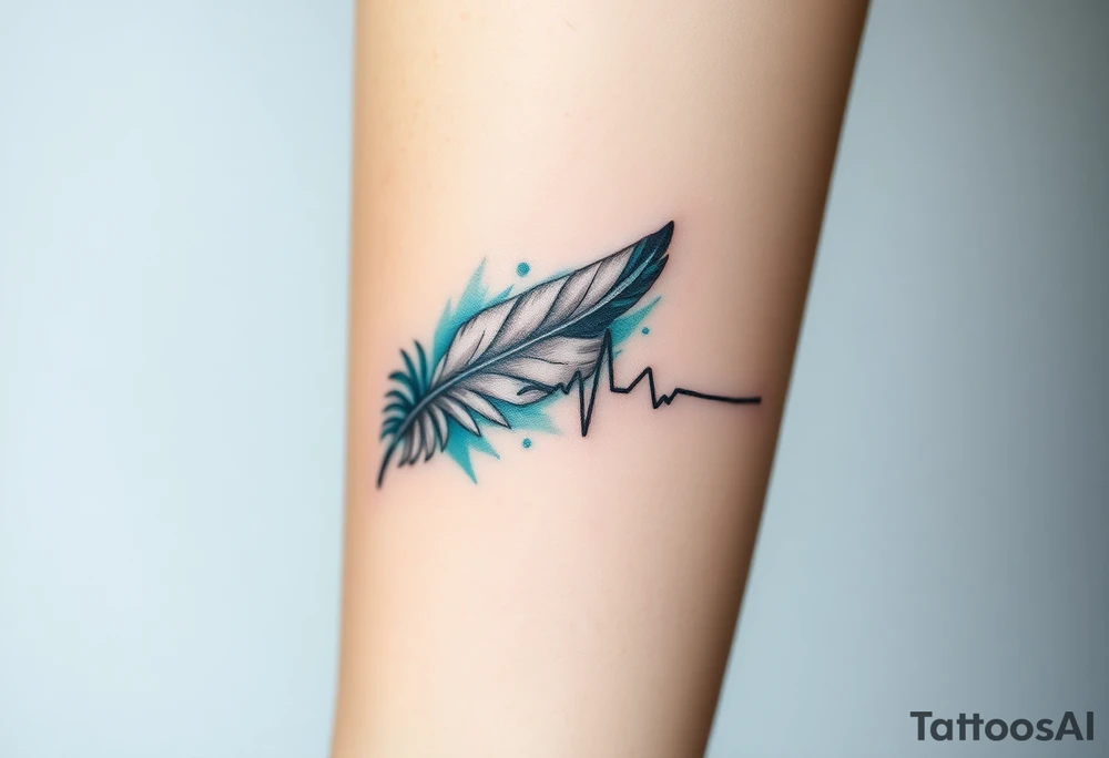 A heartbeat line curving around a delicate feather, colored in shades of teal, gray, and silver, representing lightness and freedom. tattoo idea