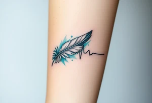 A heartbeat line curving around a delicate feather, colored in shades of teal, gray, and silver, representing lightness and freedom. tattoo idea