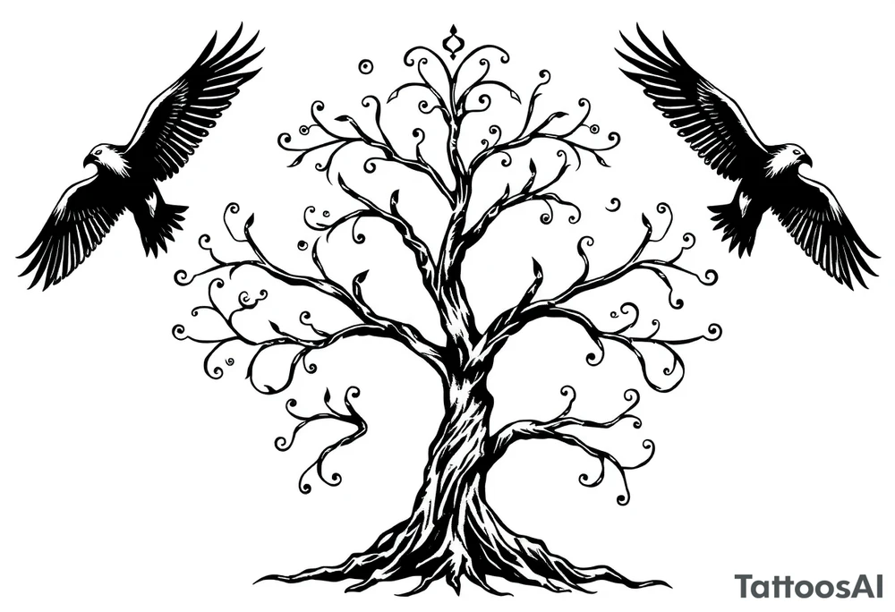 Irish family tree with 3 flying ravens tattoo idea