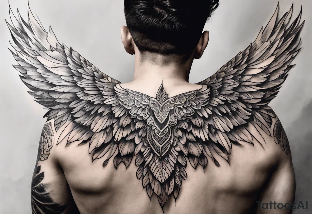 wings tattoo extending from a mens shoulders, covering the upper arms and upper back. The feathers are intricately detailed, with soft shading in black and gray to create depth and texture. tattoo idea