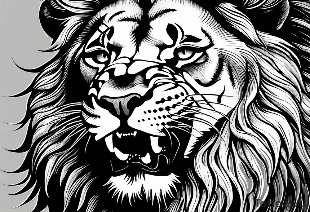 A roaring lion’s face with a flowing mane, emphasizing strength and courage, detailed fur textures tattoo idea