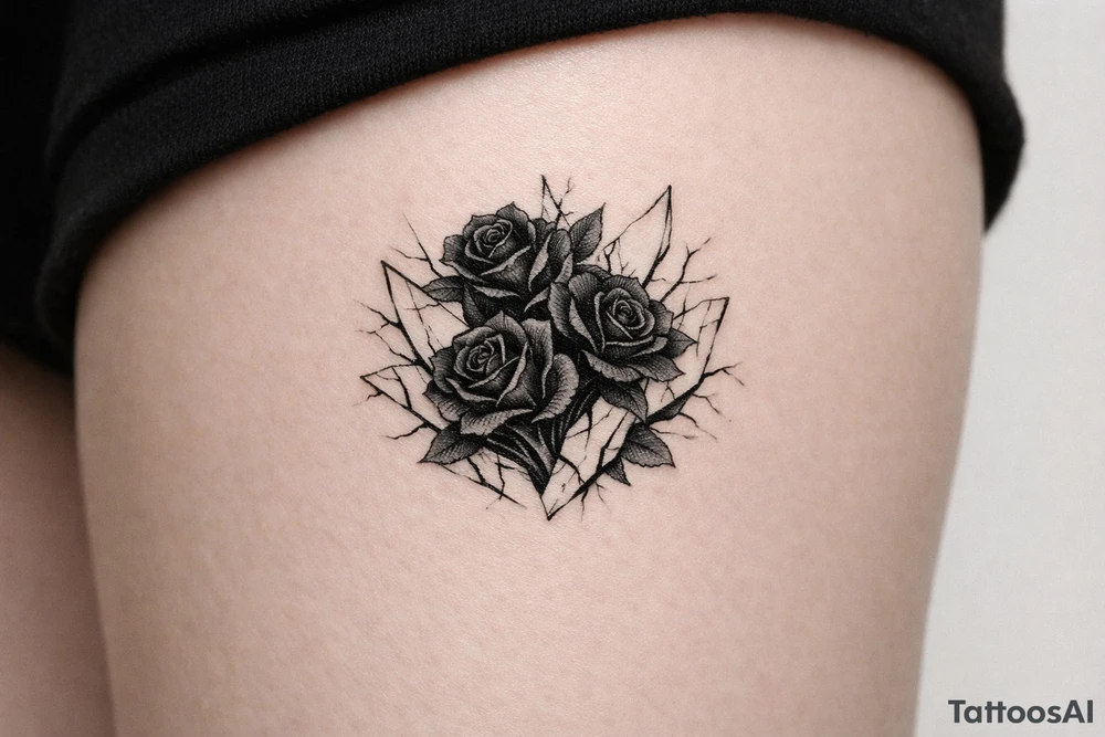 Close-up of dark roses bursting through shattered mirror shards, moody chiaroscuro lighting. tattoo idea