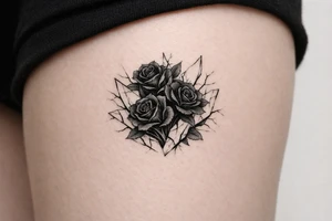 Close-up of dark roses bursting through shattered mirror shards, moody chiaroscuro lighting. tattoo idea