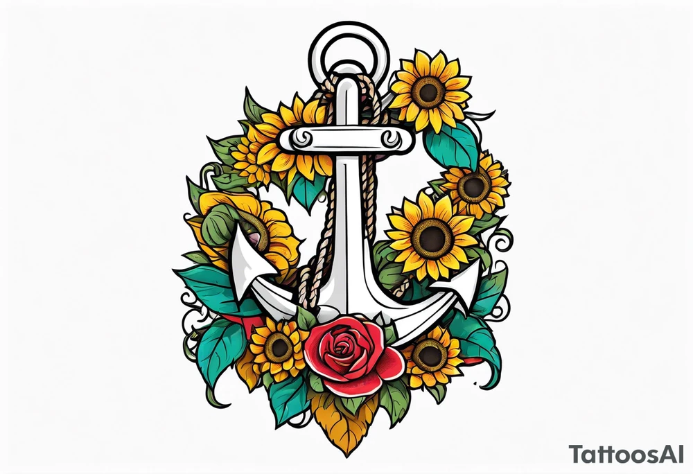 Anchor, wrapped in rope, with sunflowers and roses 
throughout, thigh tattoo tattoo idea