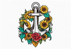 Anchor, wrapped in rope, with sunflowers and roses 
throughout, thigh tattoo tattoo idea