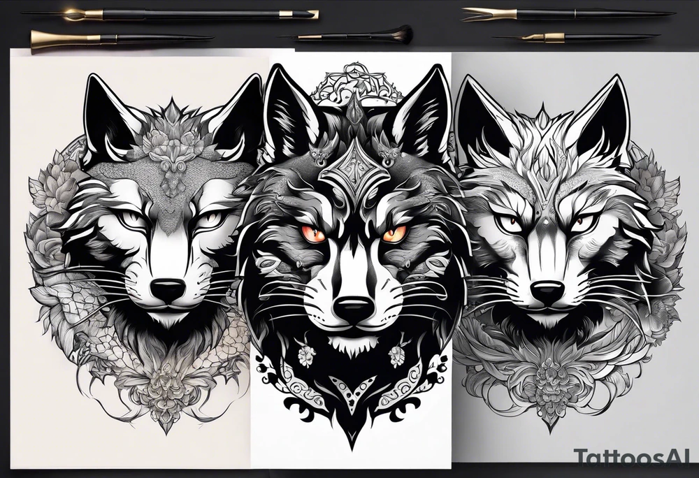 three animal heads merged: 

1. A chinese dragons head (on the left)
2. A Feline cats head(in the middle)
3. A Wolves Head (on the right) tattoo idea