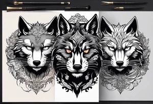 three animal heads merged: 

1. A chinese dragons head (on the left)
2. A Feline cats head(in the middle)
3. A Wolves Head (on the right) tattoo idea