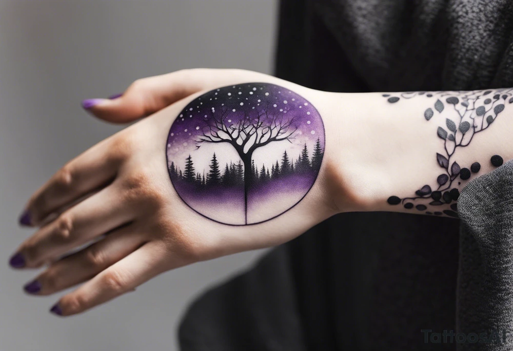 forest, abstract, on hand, no people, purple and black, full, whole wrist wrapped tattoo idea