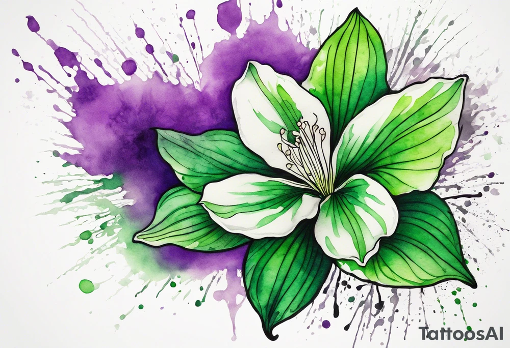 An outline of a green rio dipladenia flower and a green and purple watercolor splash in the background tattoo idea