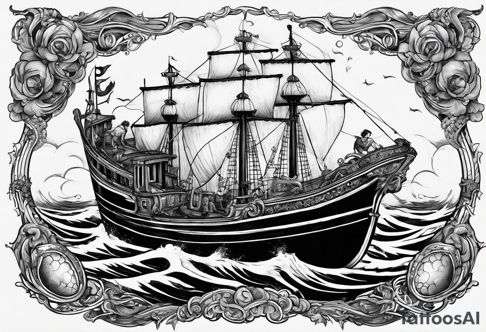 A sale ship sinking with two mermaids, either side, one which is trying to save the boat and one which is trying to help sink it tattoo idea