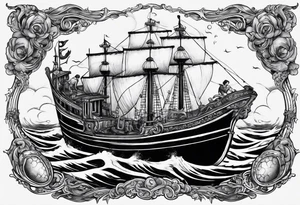 A sale ship sinking with two mermaids, either side, one which is trying to save the boat and one which is trying to help sink it tattoo idea