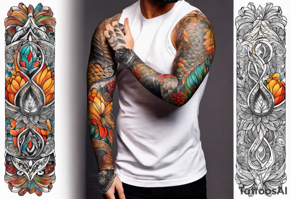 Arm Sleeve Tattoo with fall colors flat tattoo idea