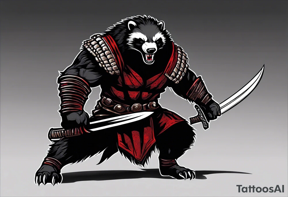Draw me psychopath Honey Badger/Berserker with aggressive full body, killer face with a scary smile, very long nails and he attacks like a Bloody Assassin/Warrior/Gladiator to us and also, he has very deadly looking. He fights with his nails only. Everybody scares after their first sight. Give me horror type Badger Tattoo. I want to see his Realistic full body with no weapons. You can show destruction at the back. tattoo idea
