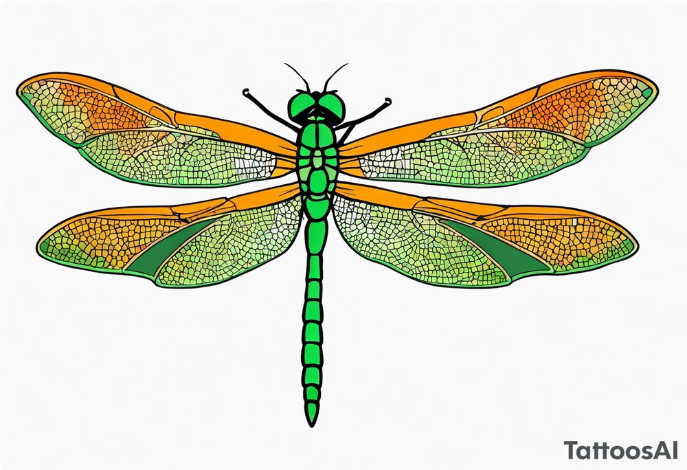 green and orange dragonfly on a twig tattoo idea