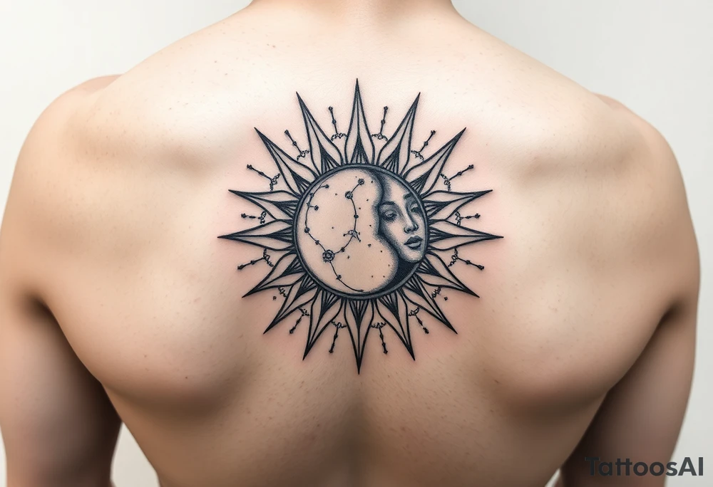 celestial sun and moon embrace with constellation patterns tattoo idea