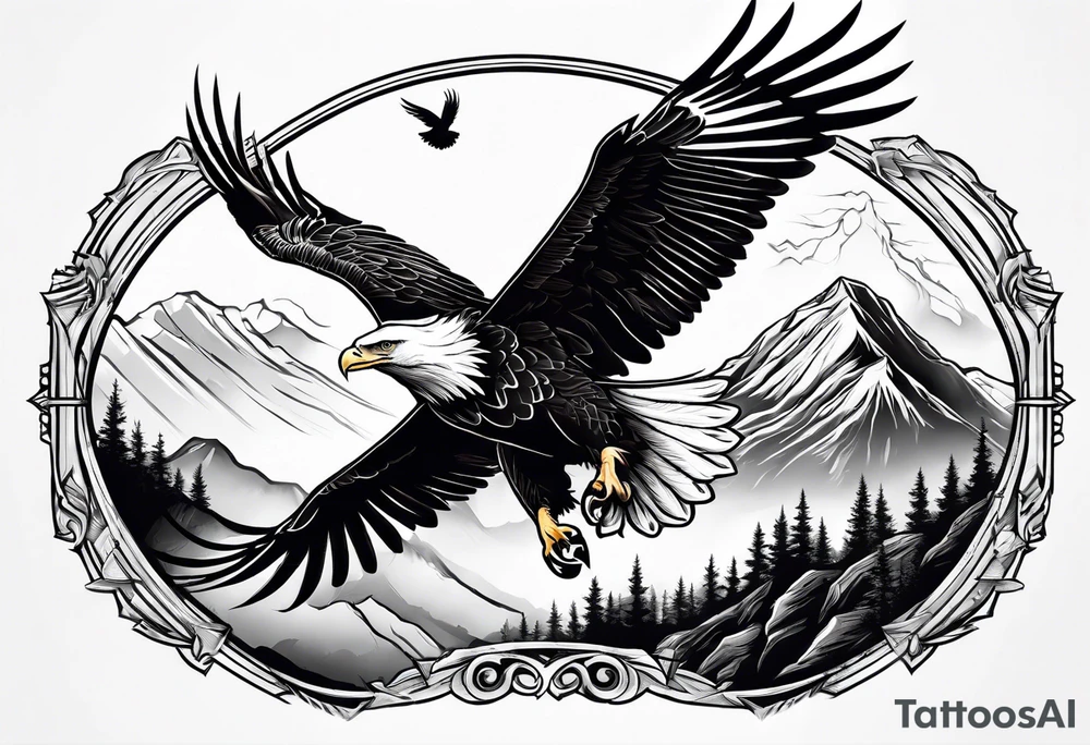 Eagle flying over a mountain with a Dove sitting on a branch in the background tattoo idea