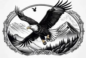 Eagle flying over a mountain with a Dove sitting on a branch in the background tattoo idea