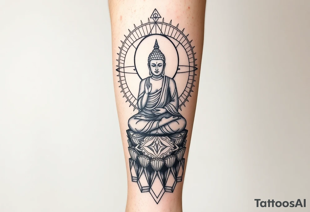 full leg sleeve with buddha above knee, using sacred geometry and space themes tattoo idea