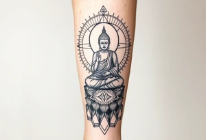 full leg sleeve with buddha above knee, using sacred geometry and space themes tattoo idea