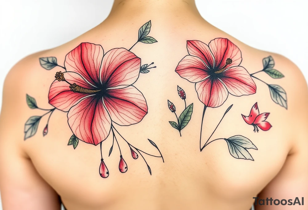 wild hibiscus and meadow flowers with morning dew drops and foxes tattoo idea