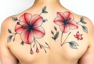 wild hibiscus and meadow flowers with morning dew drops and foxes tattoo idea