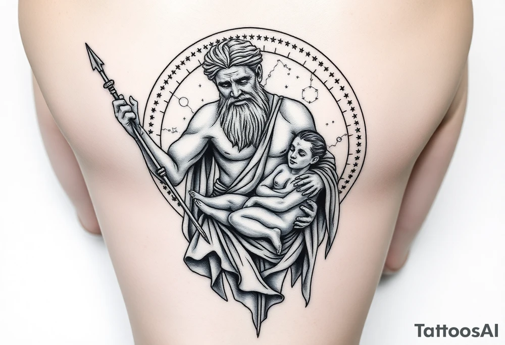 a tattoo design of the Greek God Saturn but older and nearly dying holding his spear, in his other arms cradling a twin dying younger version of himself. The gemini constellation is in the background behind the Saturn Gods. Long vertical form as this will be on a thigh - include the planet Saturn rings going round the design tattoo idea