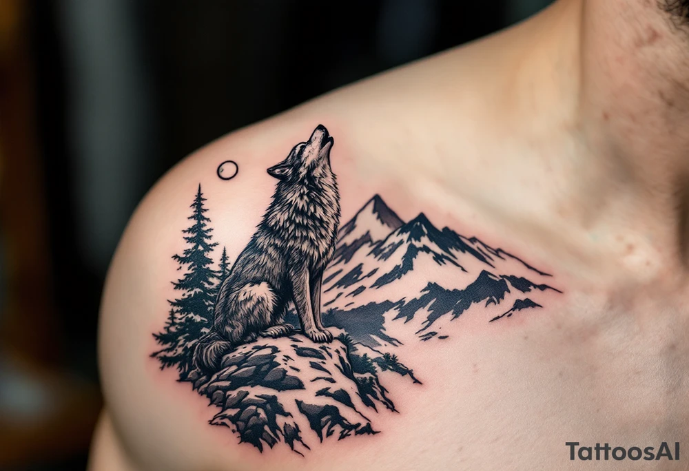 wolf on mountain howling at moon tattoo idea