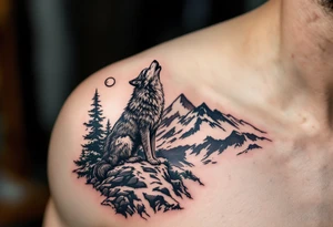 wolf on mountain howling at moon tattoo idea