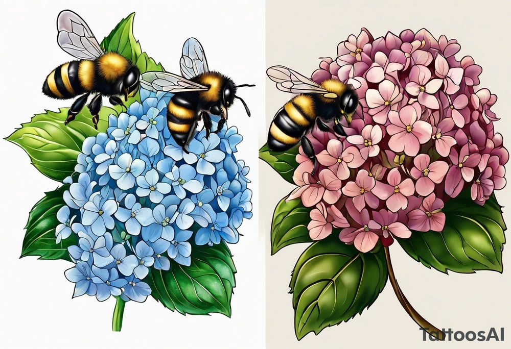 Small tattoo. There’s a hydrangea and a bee but they are not touching. Make the bee smaller than the hydrangea and have the bee off to the side. Bee is smaller than the hydrangea tattoo idea